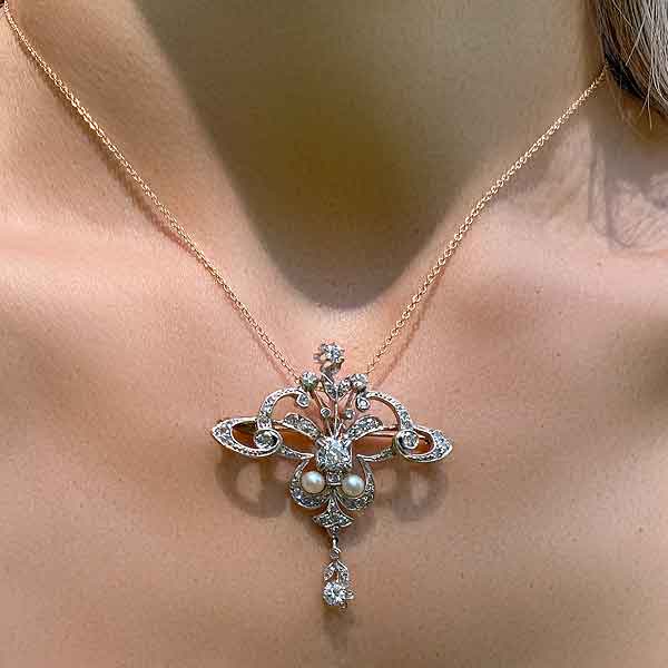 Antique Edwardian Diamond & Pearl Pin Pendant