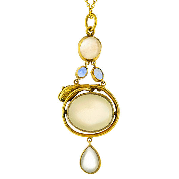 Antique Cat's Eye Moonstone & Sapphire Snake Pendant