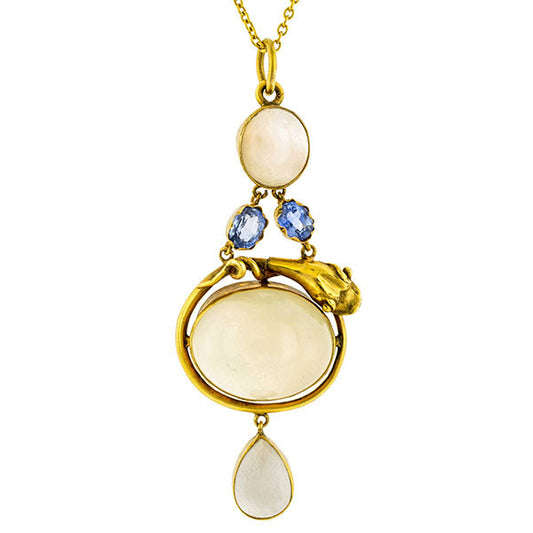 Antique Cat's Eye Moonstone & Sapphire Snake Pendant